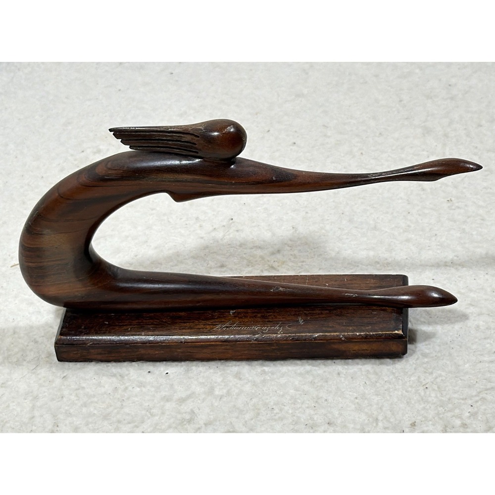 Signed Black Walnut Bird Sculpture Hand Carved Dark Brown Wood MCM Folk Art Vibe